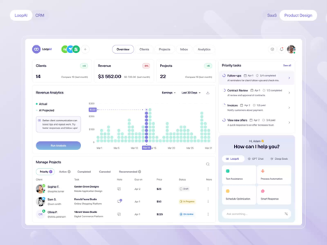AI-powered CRM dashboard with revenue analytics, manage projects, and AI assistant