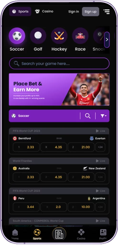 sports betting mobile ui